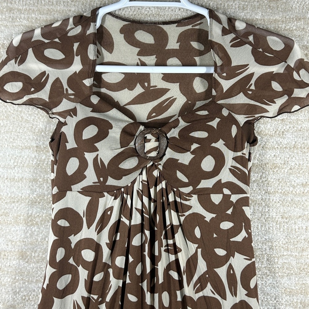 Cato Womens Y2K Boho Mesh Abstract Floral O-Ring Empire Waist Midi Dress Brown 6
